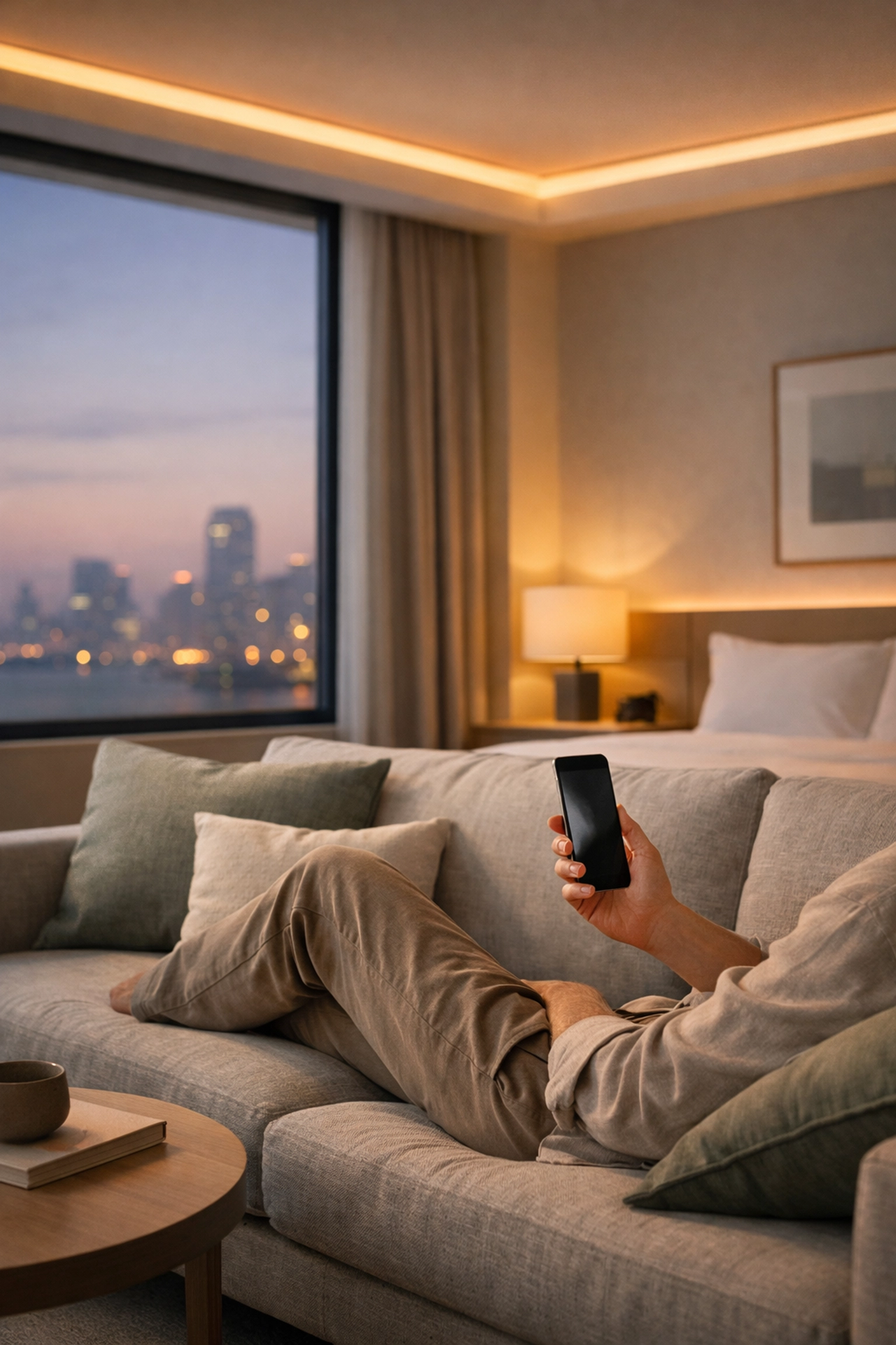 A guest using a smartphone in a luxury hotel suite, reflecting personalized AI hospitality.