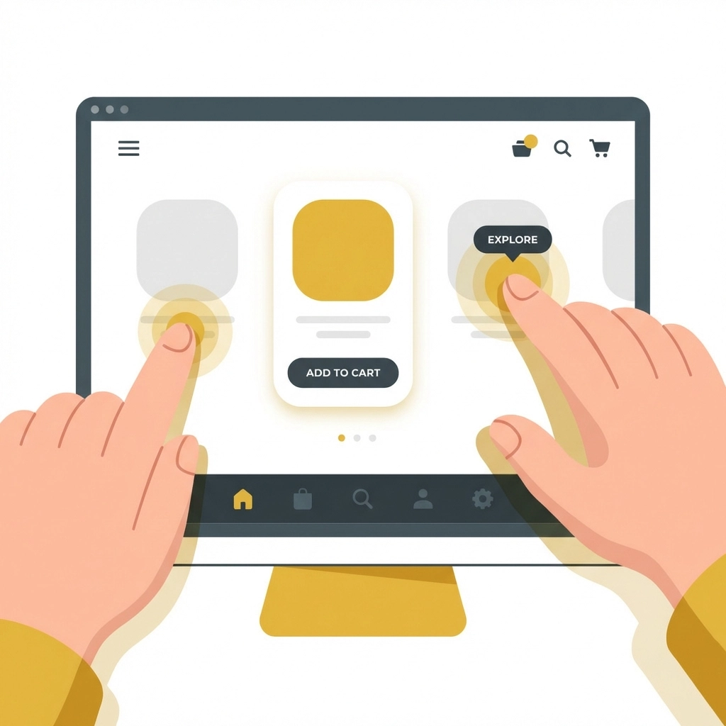 Hands interact with an online live shopping interface featuring product cards and interactive buying options
