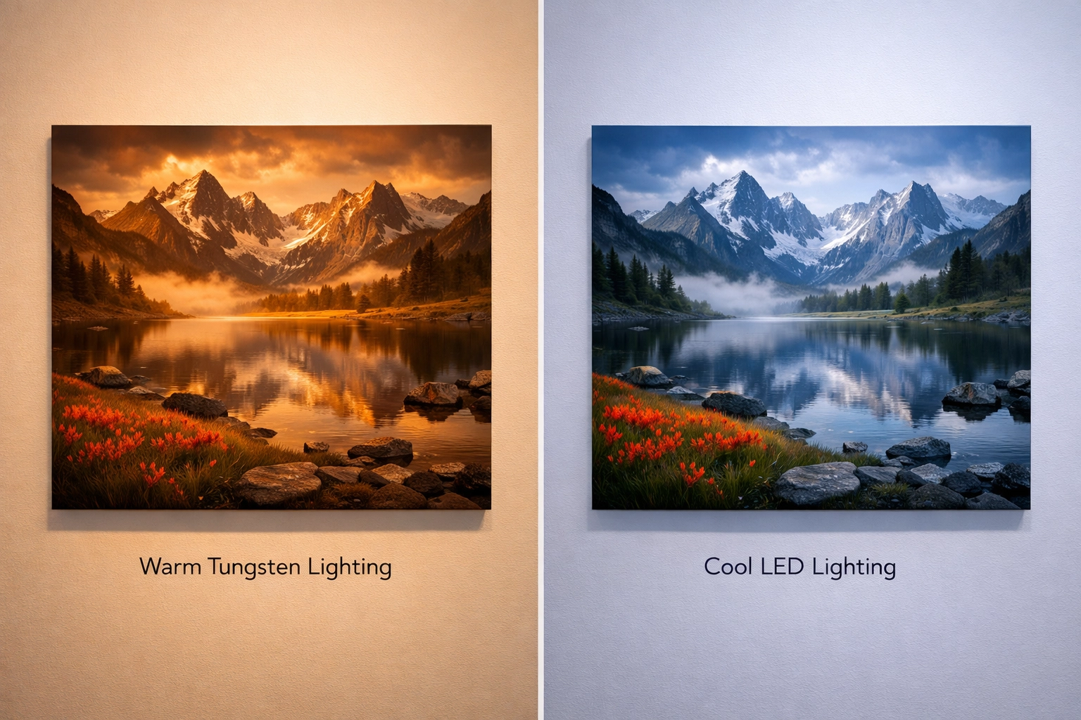 Fine art print comparison under tungsten and LED gallery lighting conditions