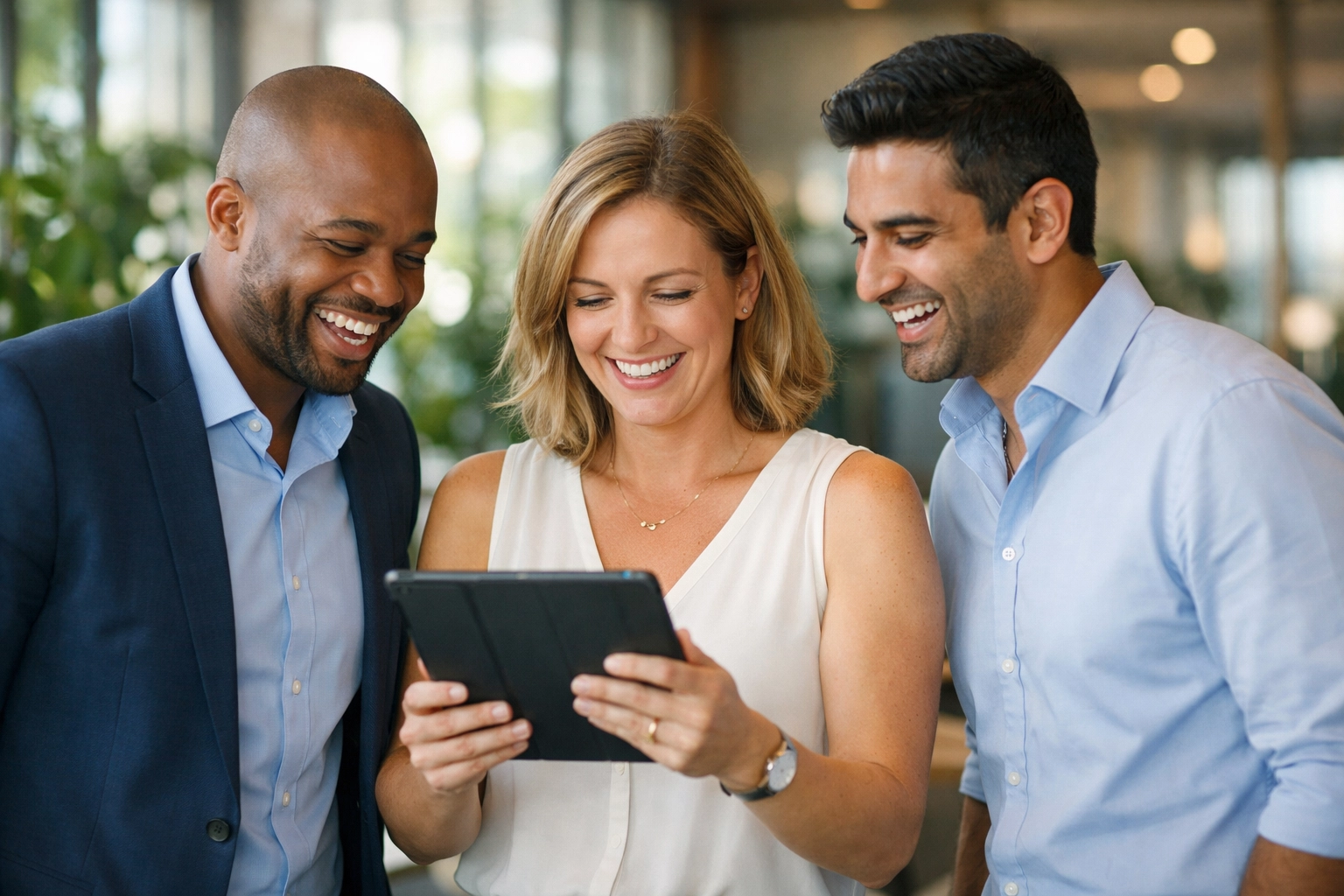 Zufriedenes Team im modernen Büro nach erfolgreicher Prozessoptimierung und Digitalisierung