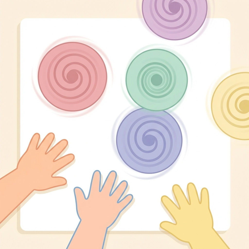 Children playing with colorful bottle cap spinning tops on a smooth surface during a crafting activity