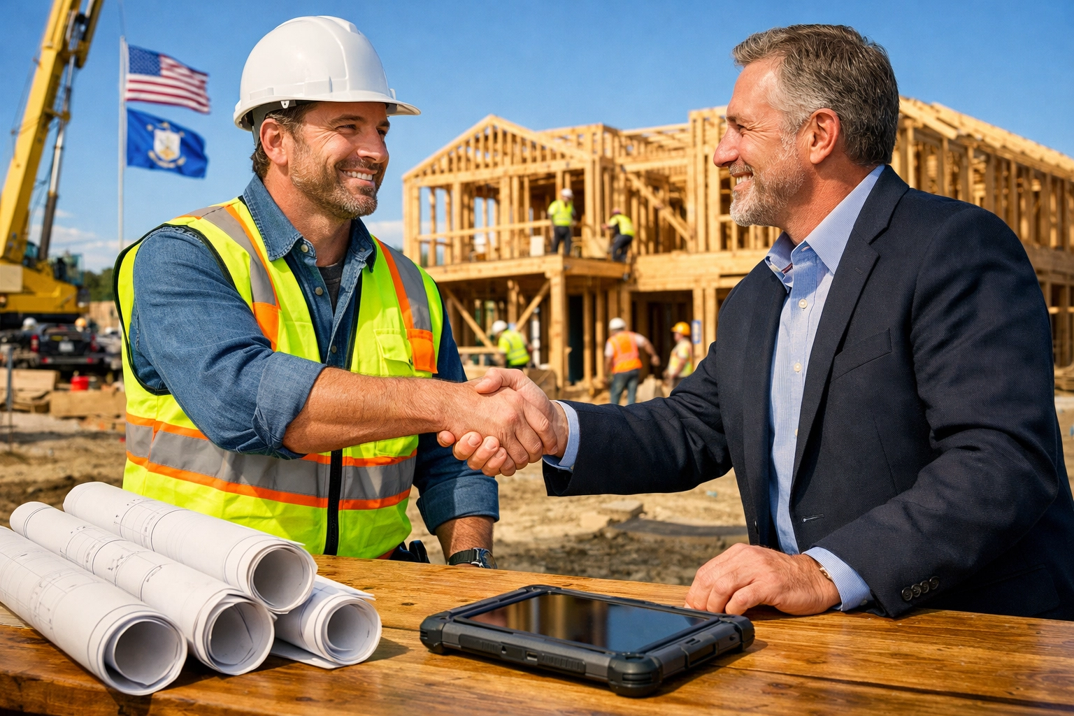 Connecticut contractor and property owner shaking hands on a construction site to seal a business insurance deal.