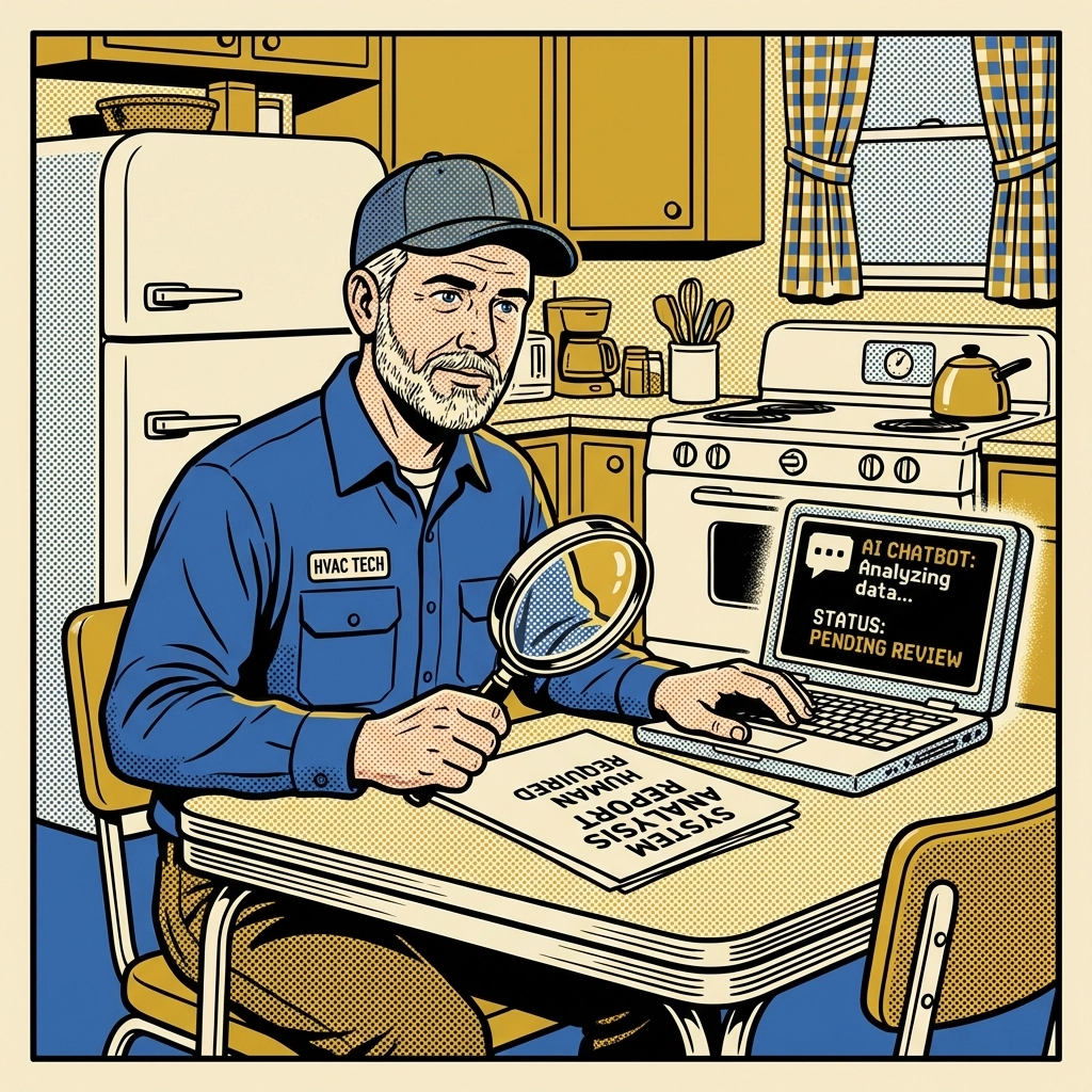 HVAC technician carefully reviewing documents next to AI chatbot, emphasizing the importance of human oversight in AI marketing.