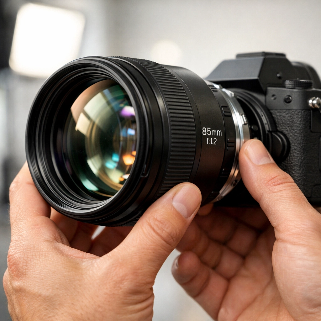 Professional photographer mounting a Sigma 85mm lens, showcasing the latest camera gear and software updates.