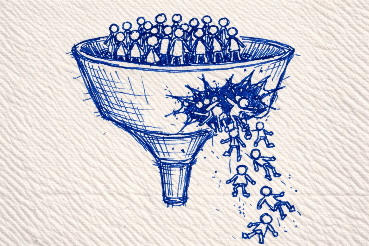 Blue marker sketch of a funnel with a hole showing an engagement drop from boring video hooks