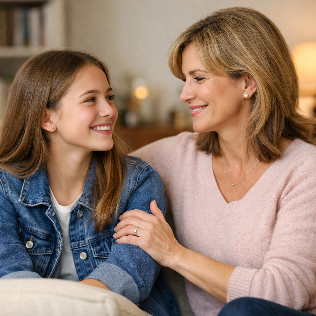 A teenage girl and mentor connecting warmly during residential treatment for teen depression.