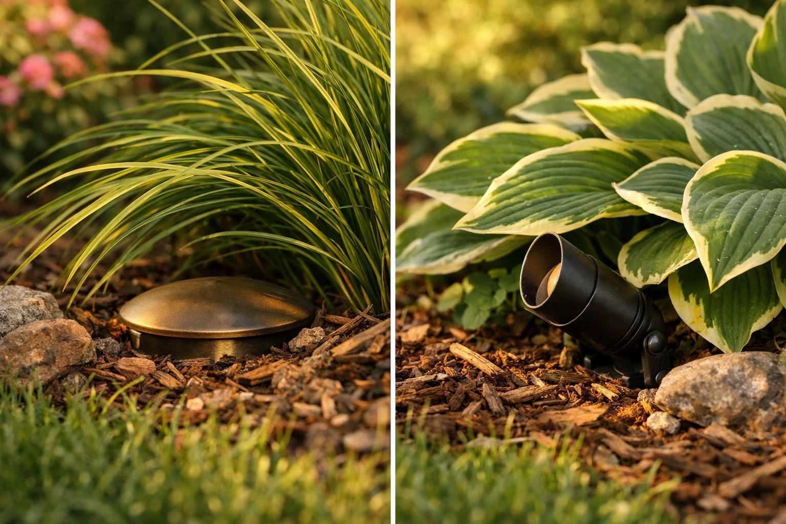 Low-profile outdoor lighting fixtures tucked into garden bed, invisible during daytime