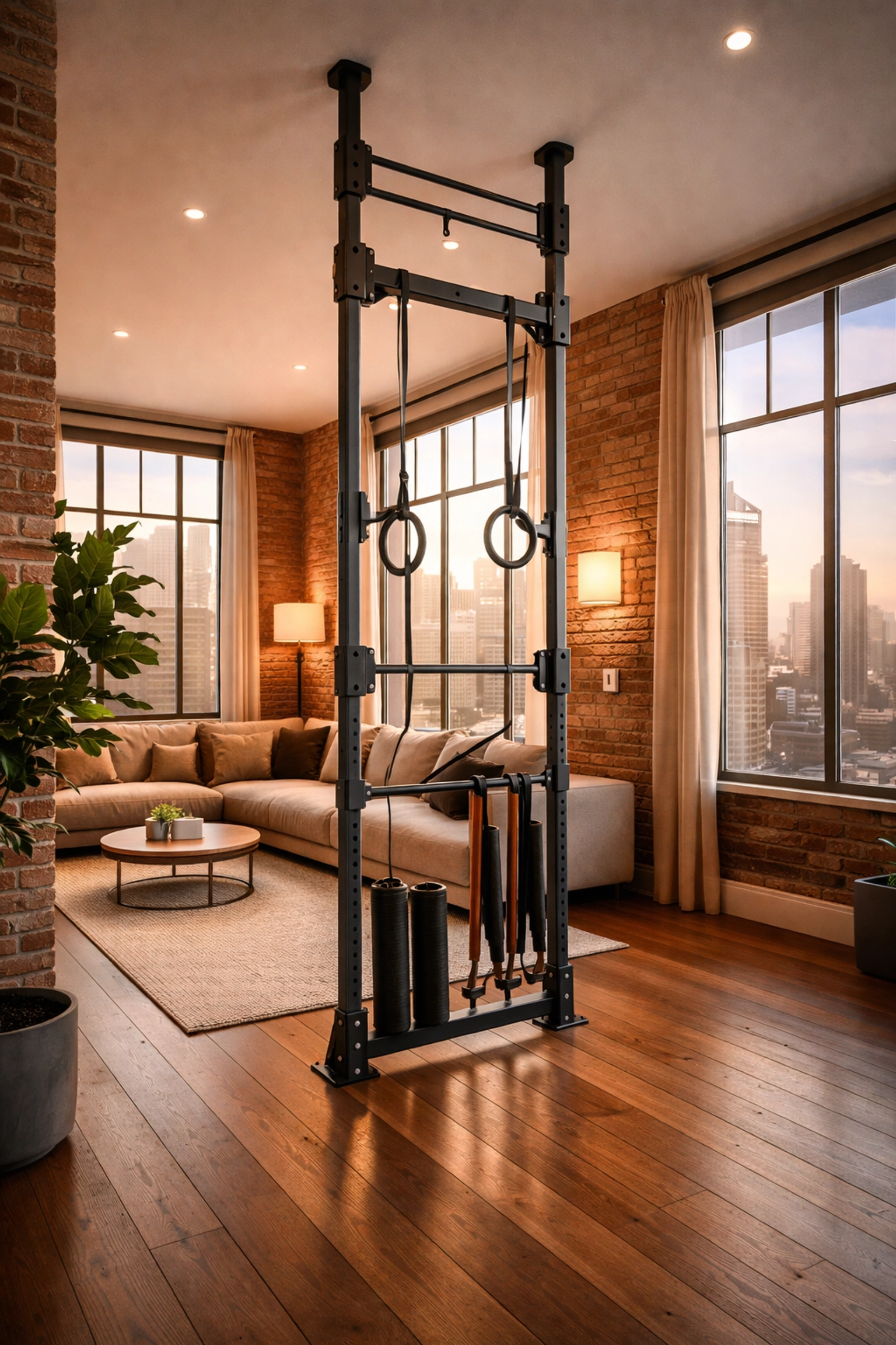 Floor-to-ceiling fitness rail system in a stylish living room, ideal for versatile home gym setups