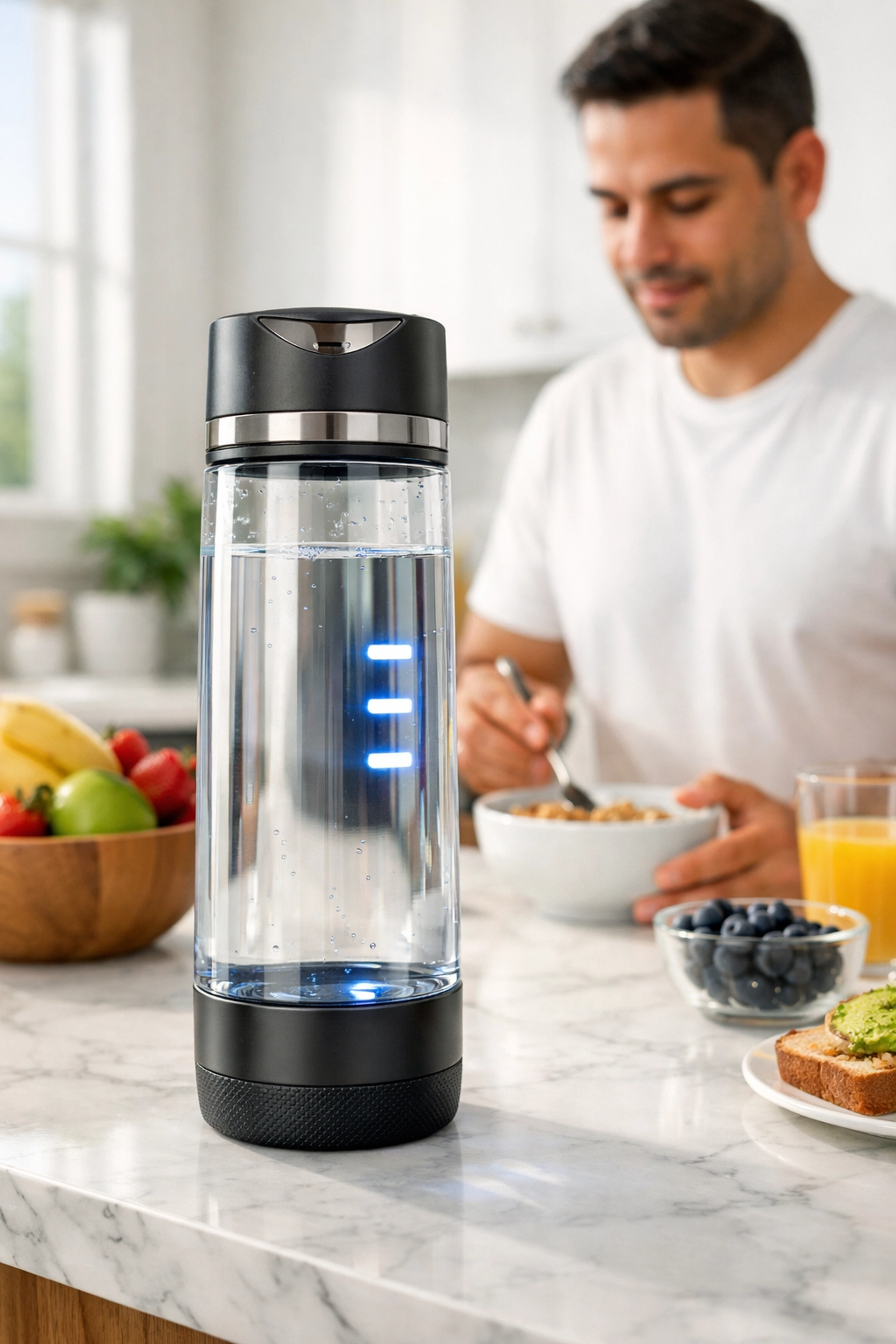 Smart water bottle with LED hydration tracking for morning wellness routine