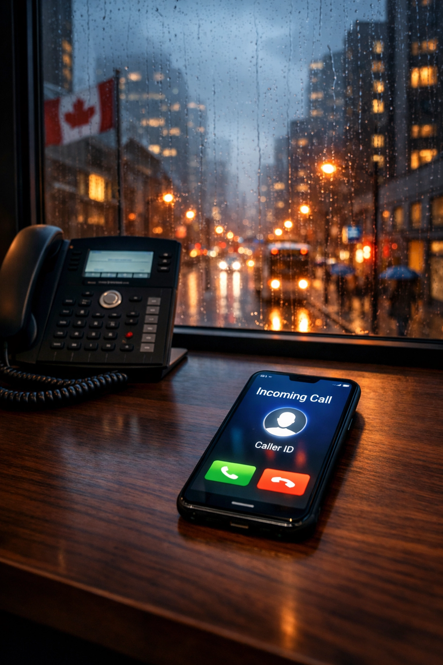 Smartphone showing an incoming call next to an office IP phone, illustrating VoIP redundancy and failover.
