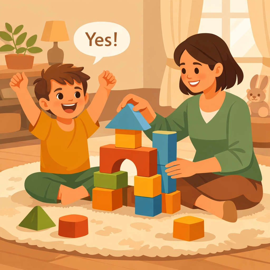 Caregiver and child using play-based ABA therapy with blocks to encourage positive behavior support.