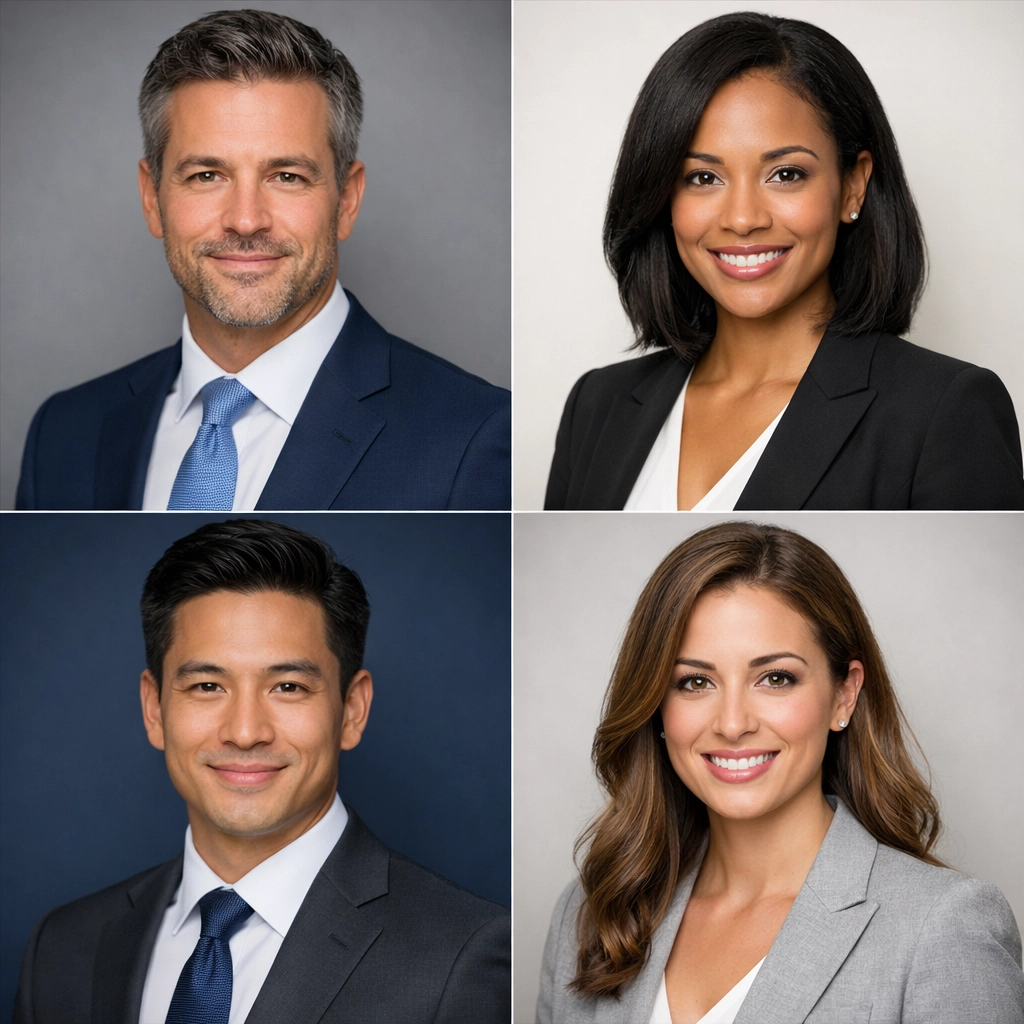 Examples of high-quality professional corporate headshots for a diverse business team.