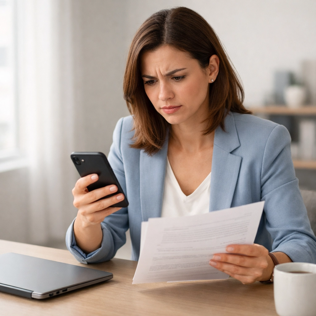 Estate agent checking phone for solicitor response during property sale transaction