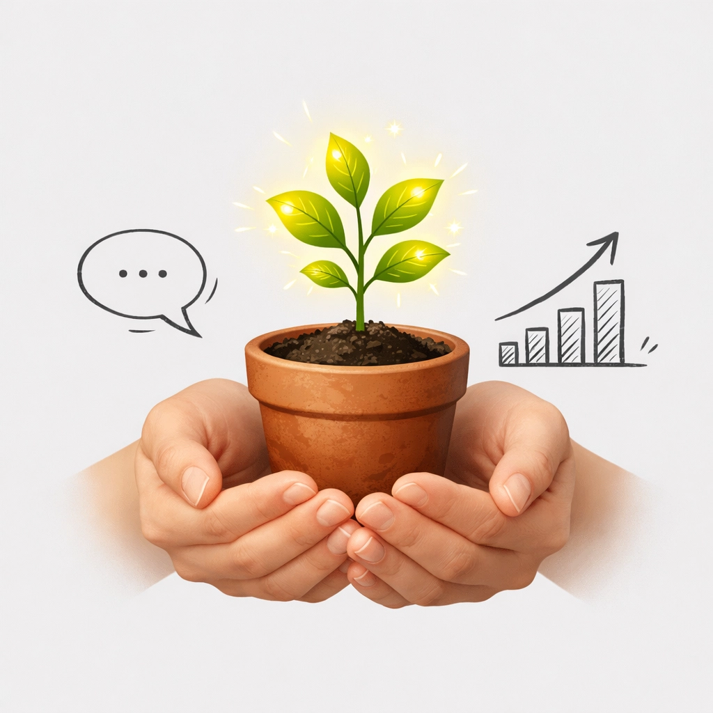 Hands nurturing a glowing sapling, illustrating the growth of a handcrafted digital marketing strategy.