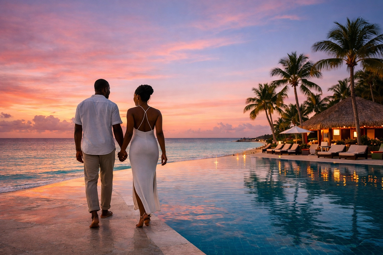 Couple walking by a tropical infinity pool following a seamless Lifestyle Resorts booking for a romantic escape.