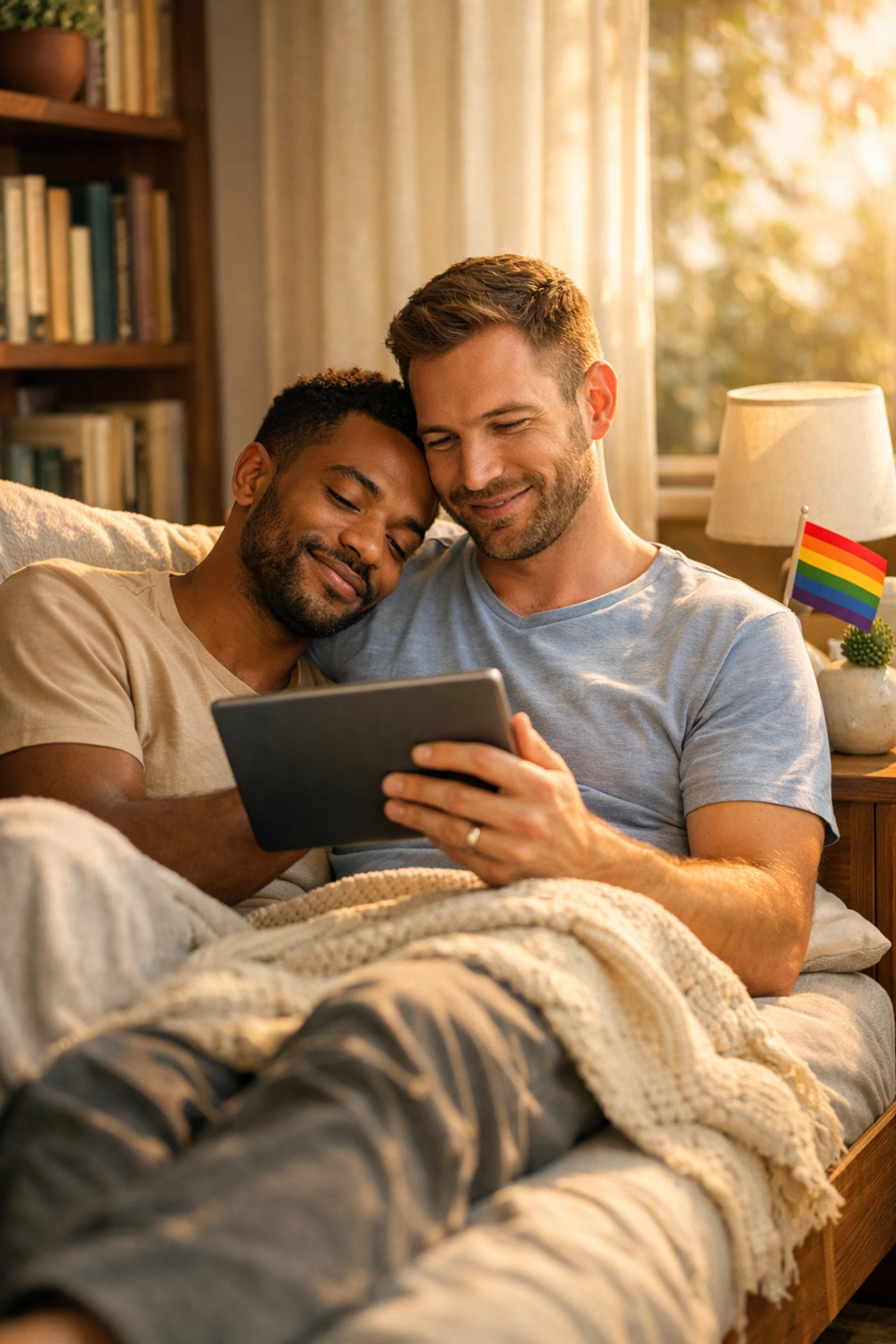 A gay male couple reading together in a sun-drenched nook, reflecting intimate MM romance and queer fiction tropes.