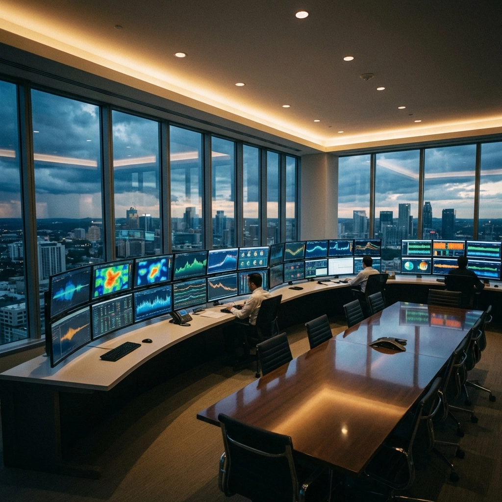 Modern control room with data monitors and city view representing real-time portfolio monitoring and proactive risk analysis