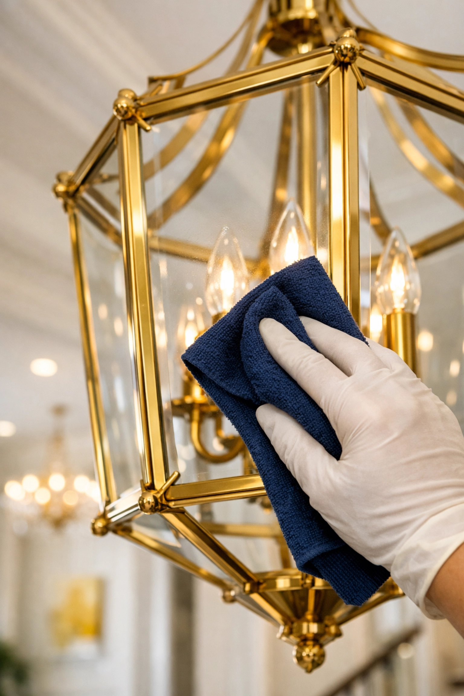 Close-up of a professional cleaner dusting a luxury glass pendant light fixture during a Cohasset home cleaning.