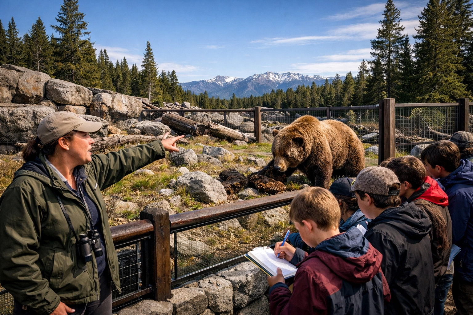 Educator teaching students about grizzly bear behavior during a Yellowstone conservation student travel expedition.