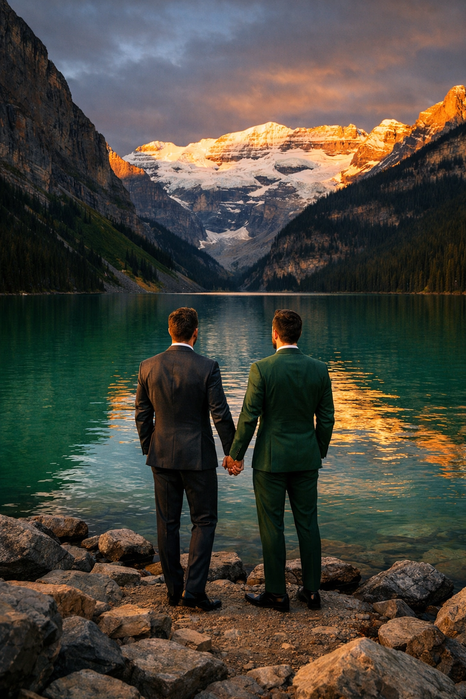 Same-sex couple holding hands during an LGBTQ+ Lake Louise wedding in Banff National Park.