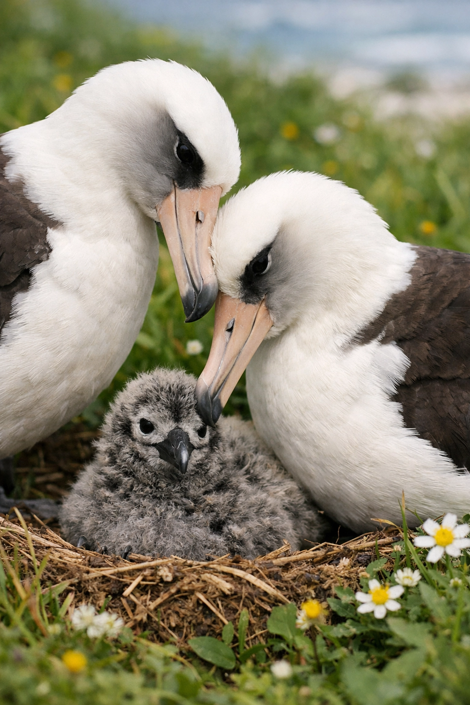 Same-sex Laysan Albatross pair nurturing a fluffy chick in a nest among green Hawaiian meadows.