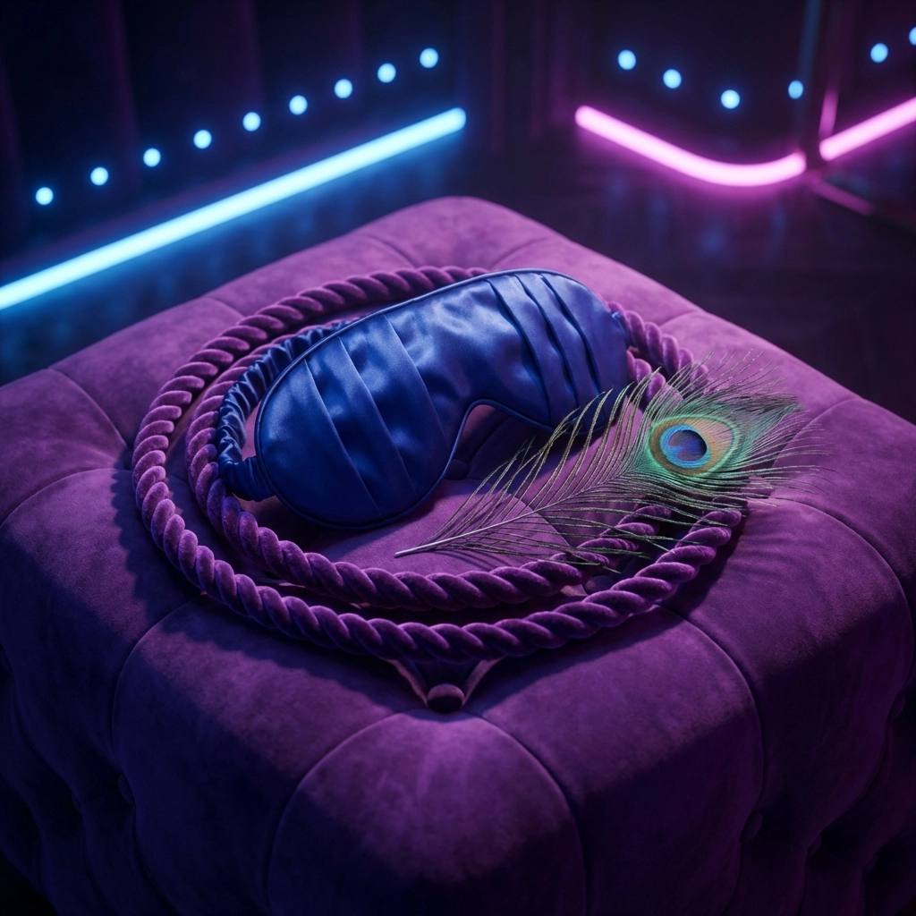 Silk blindfold, velvet rope, and feather on a plush purple surface, illustrating BDSM basics and sensual exploration.