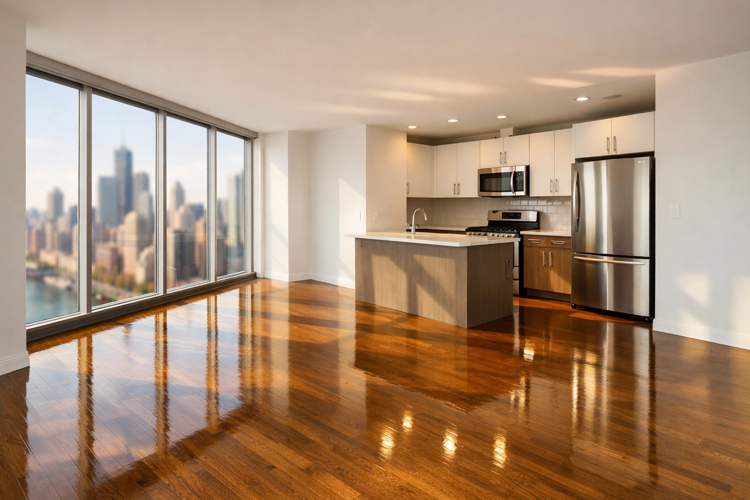 Pristine, rent-ready Chicago apartment with polished floors and skyline views, prepared for a property turnover.