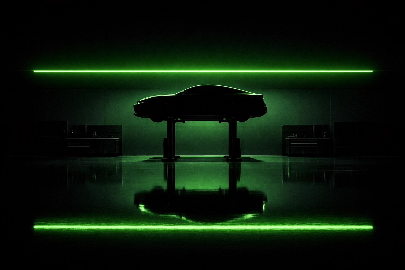 Clean, modern auto repair service bay in Camdenton with a car on a hydraulic lift.