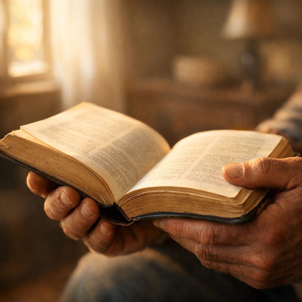 Hands holding open Bible in morning light for strength and faith through Scripture