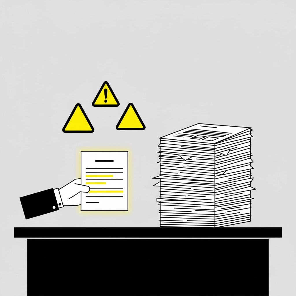 Hand holding a document with highlighted text next to a tall stack of papers on a desk. Yellow warning triangles suggest caution.