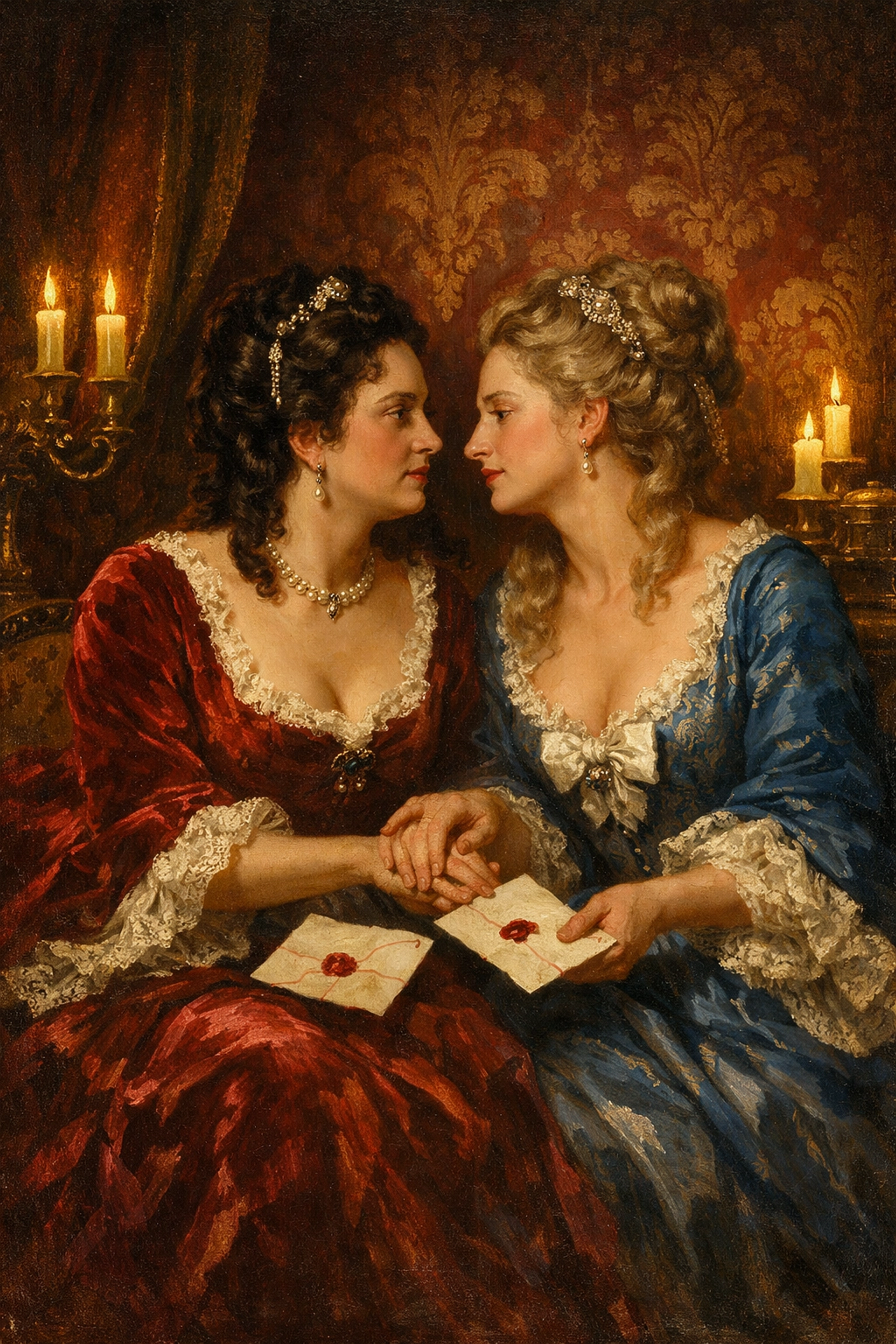Queen Anne and Sarah Churchill exchanging intimate letters in royal palace chamber