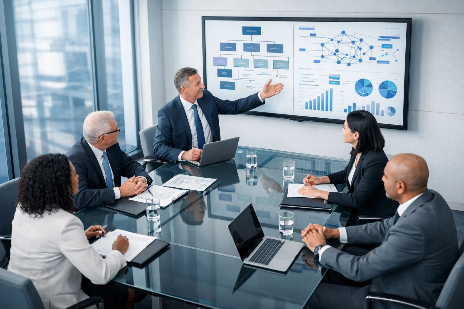 Cross-functional team meeting discussing AI governance accountability structure