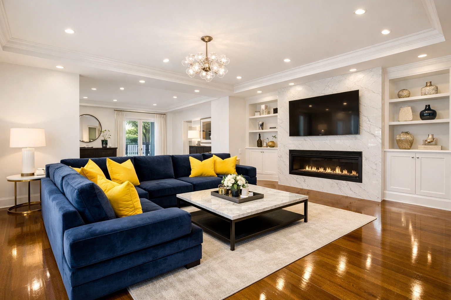 A professionally cleaned luxury living room with spotless white walls and modern navy blue furniture.
