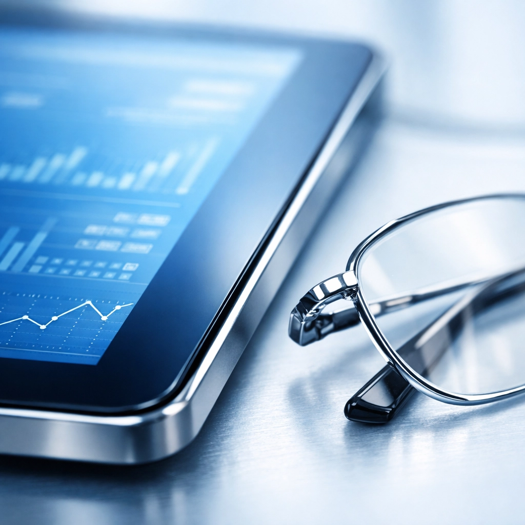 Digital tablet showing financial data and business credit profile information.