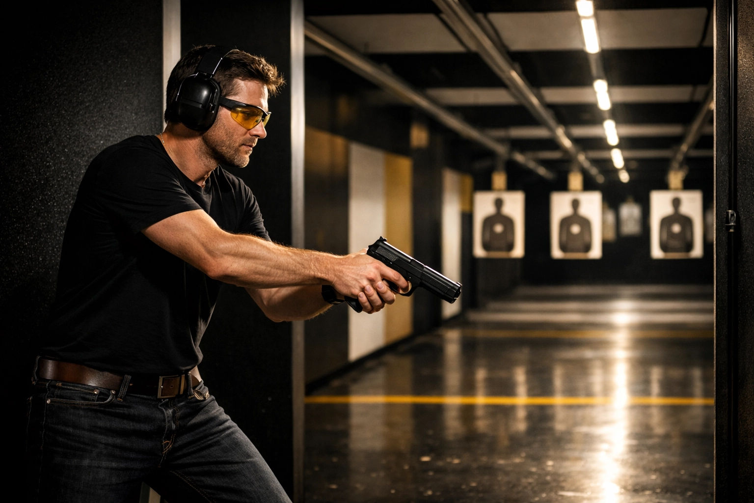 Civilian shooter on a professional firing line using an athletic stance—eyes and ears on, pistol safely pointed downrange.