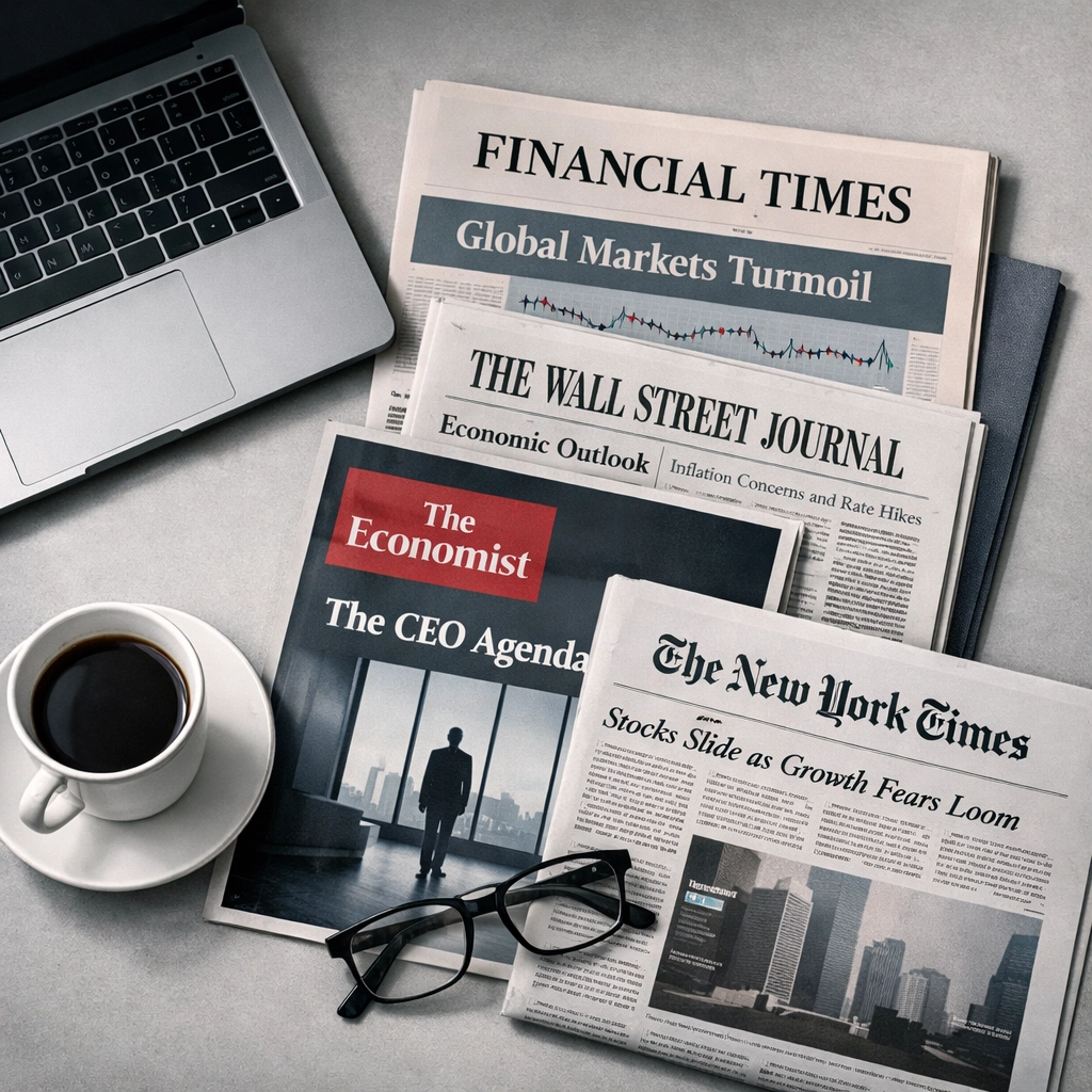 Premium business publications on executive desk for high-end B2B media advertising