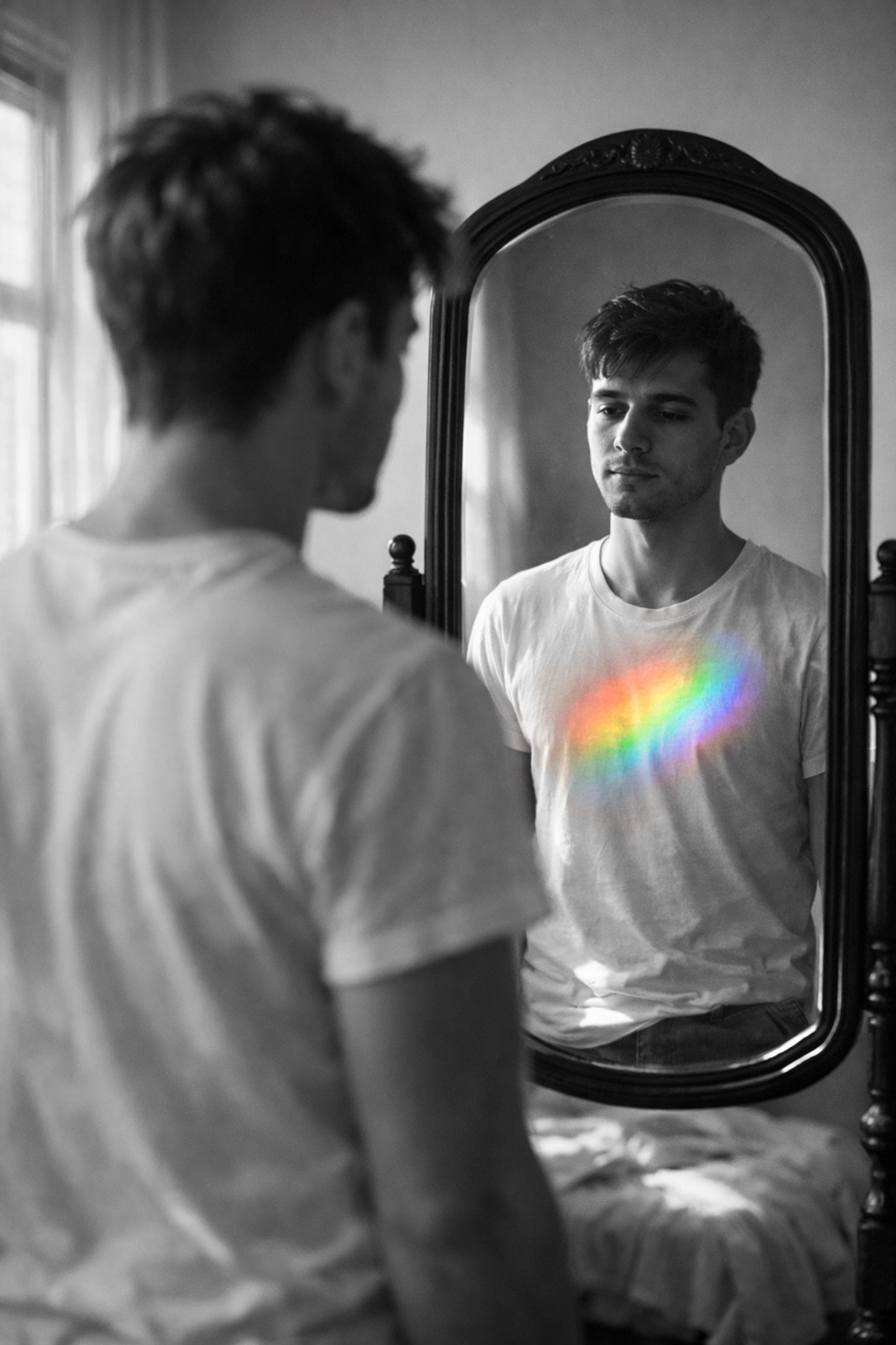 A young man looking in a mirror with a rainbow reflection, symbolizing the journey of coming out.