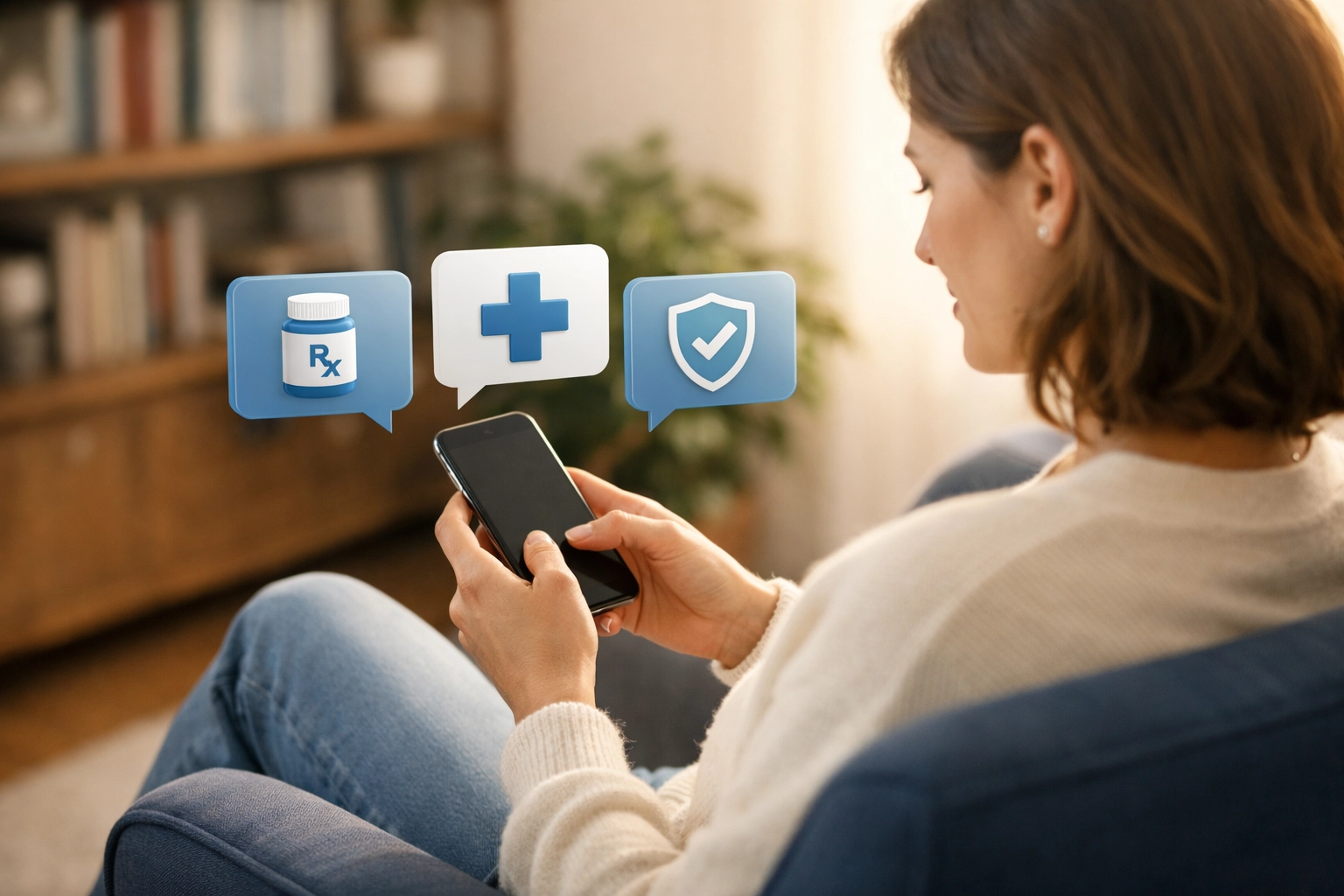 Woman using secure medical messaging on a smartphone to get a UTI prescription online from a telehealth doctor.