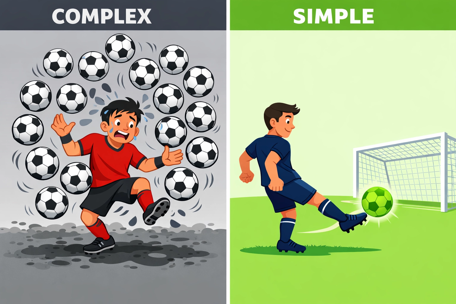 A simple, focused football betting approach versus a complex and overwhelming betting strategy.