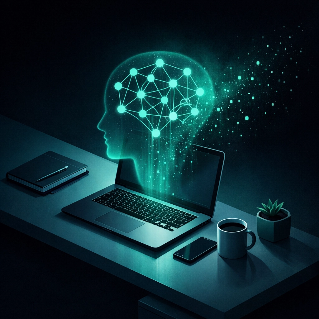 A laptop with a glowing AI silhouette and leaking data particles, illustrating Shadow AI security risks.