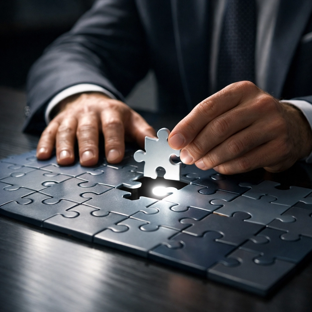 Business professional completing puzzle representing thorough due diligence process