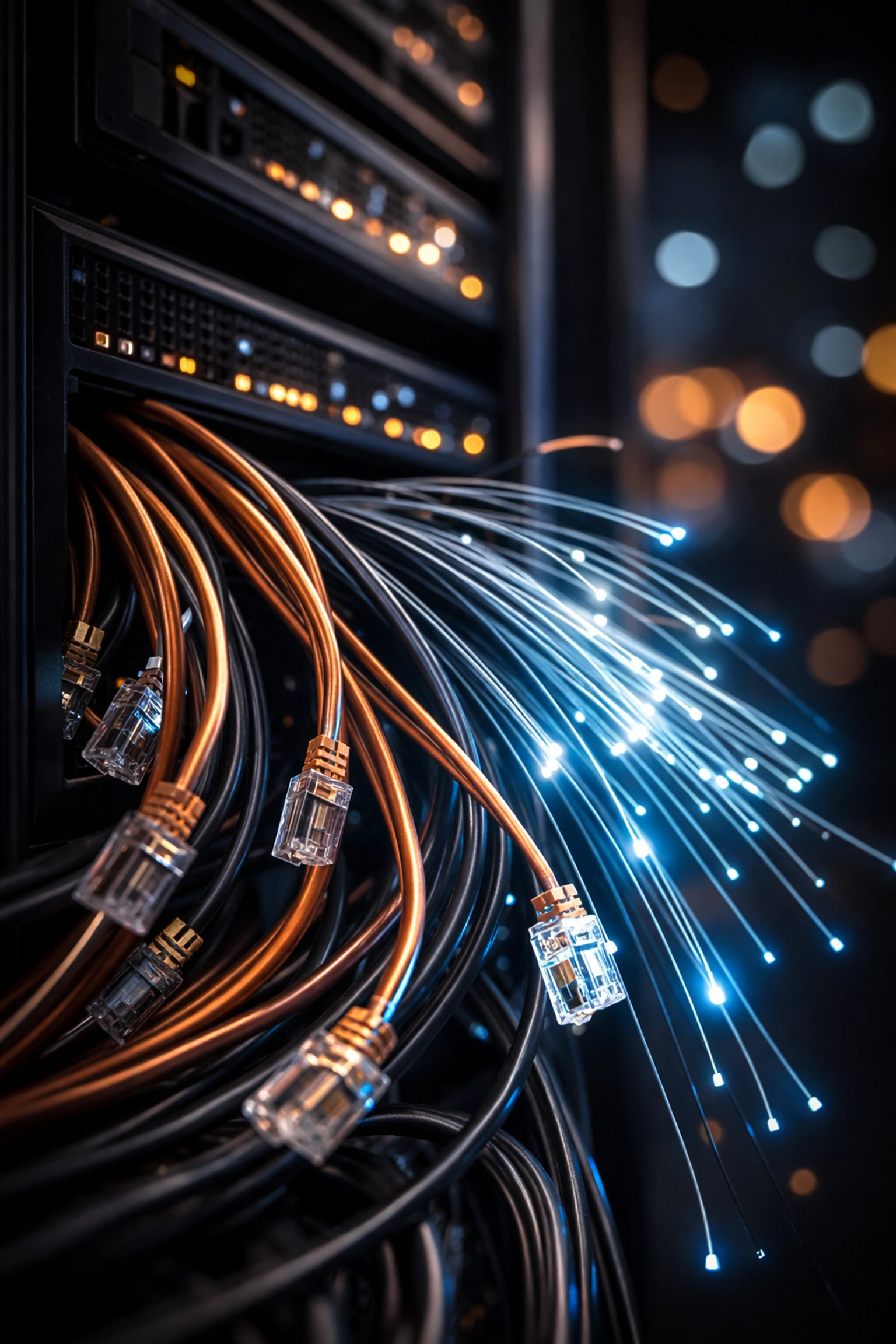 Close-up of fiber optic and copper cables, illustrating hybrid VoIP and landline phone systems