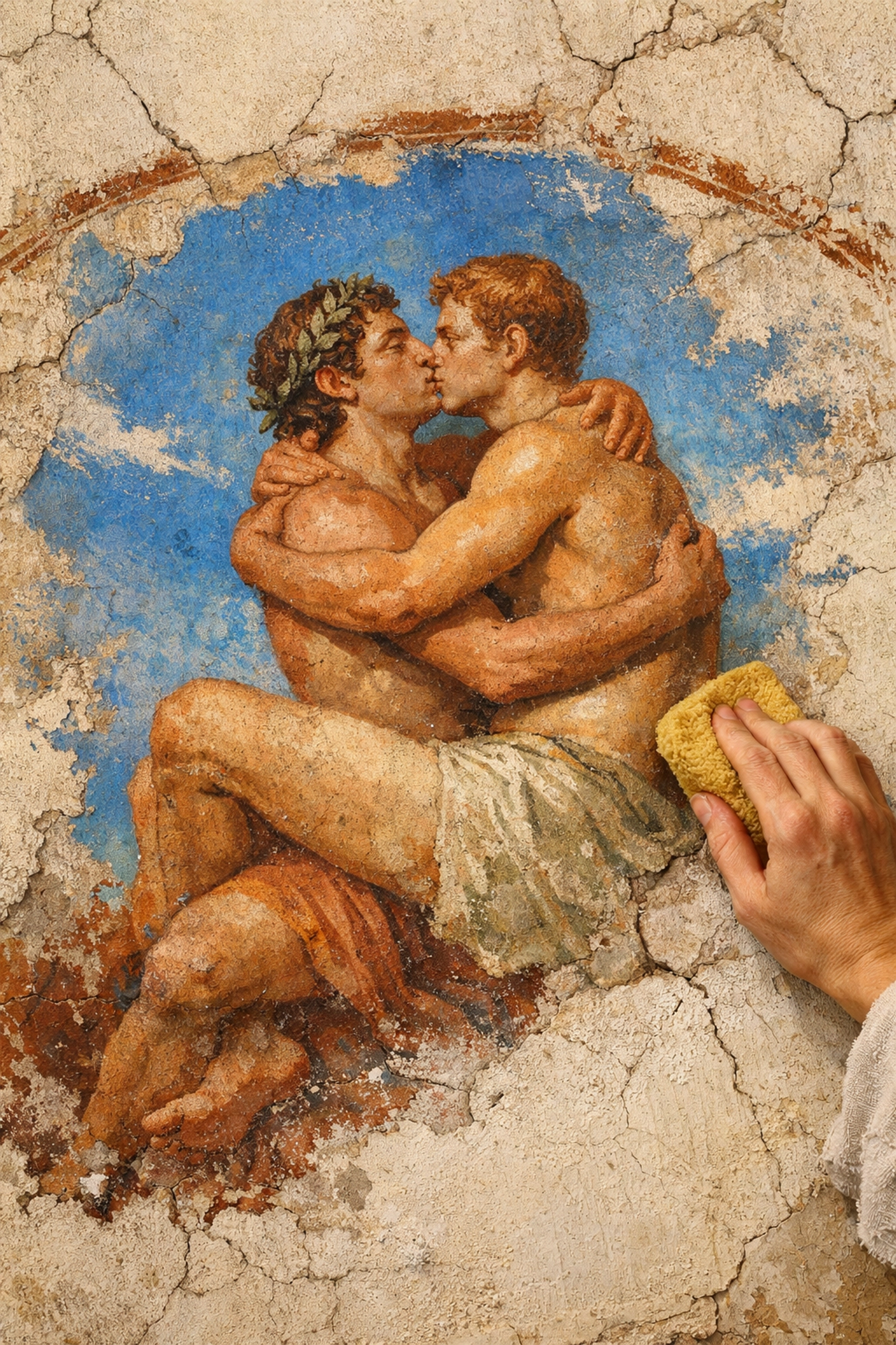 Ancient Roman fresco of two men embracing, illustrating gay historical romance and secret LGBTQ history.