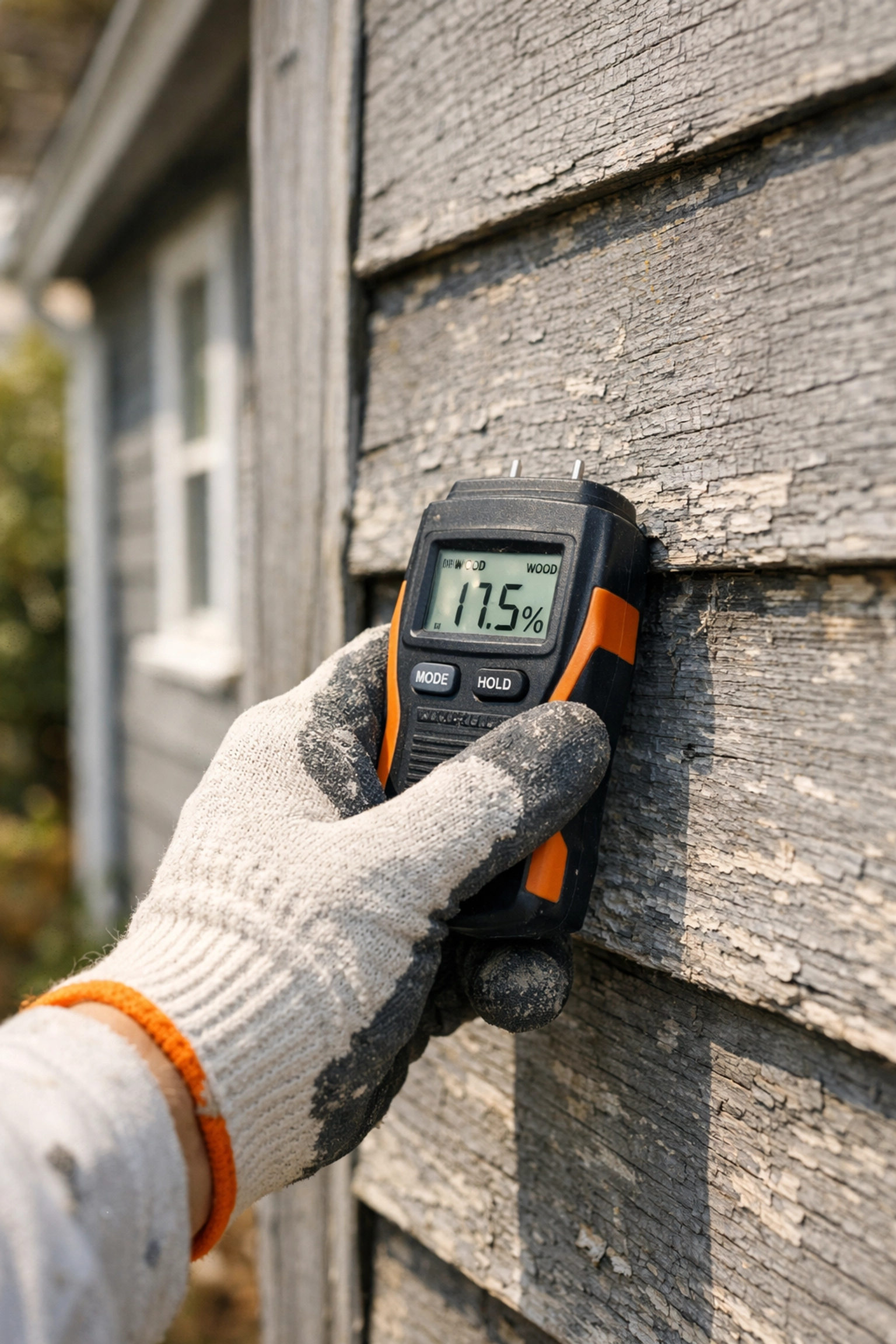 Professional painter testing moisture levels on exterior wood siding in Atlanta
