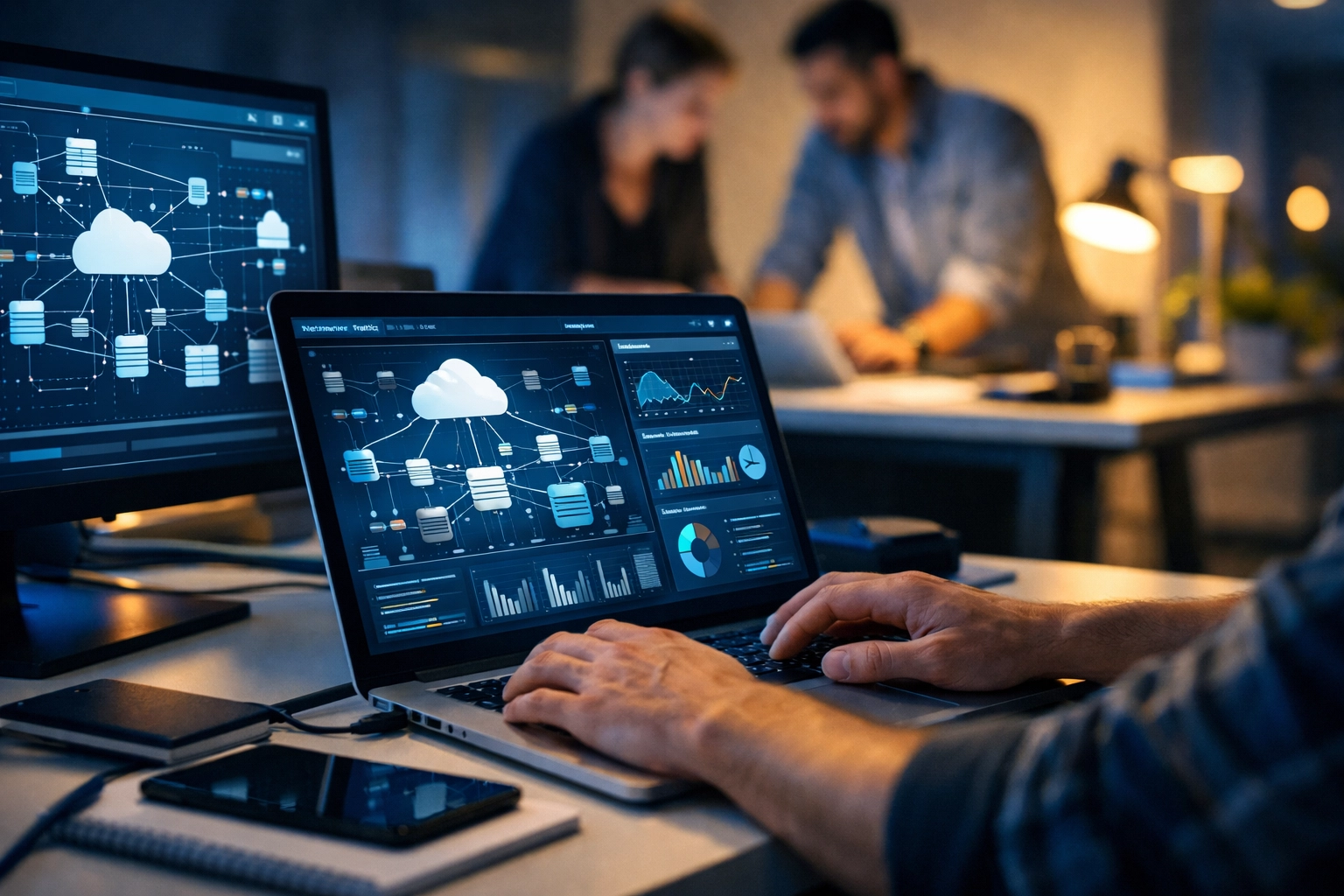 IT consulting team analyzing cloud infrastructure and network solutions on multiple displays