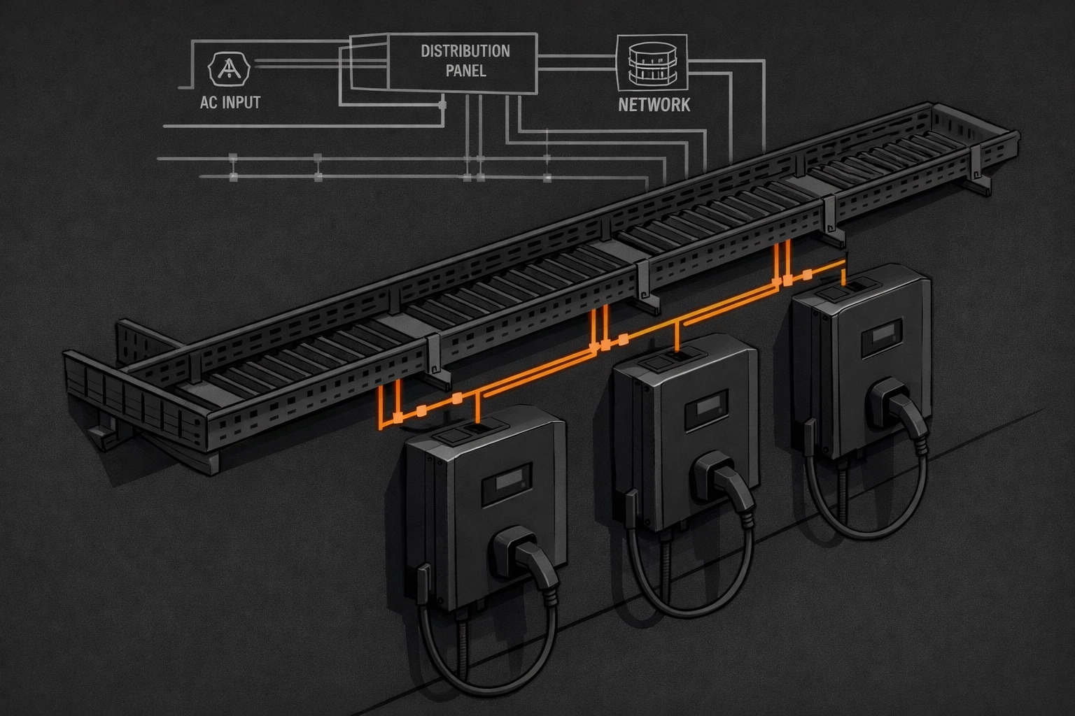 Ladeinfrastruktur mit Lastmanagement für E-Autos in Wiener Garagenanlagen.