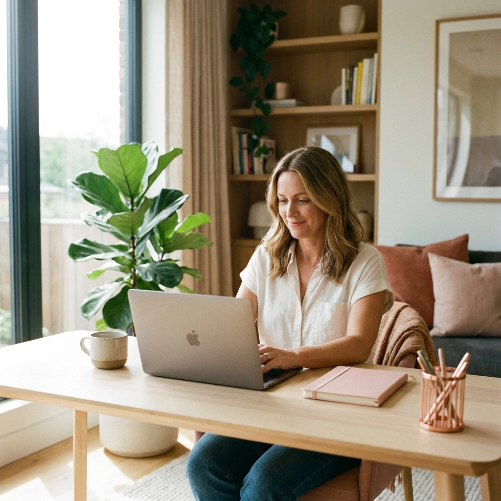 Woman entrepreneur at a tidy home office desk highlights virtual assistant support for business owners