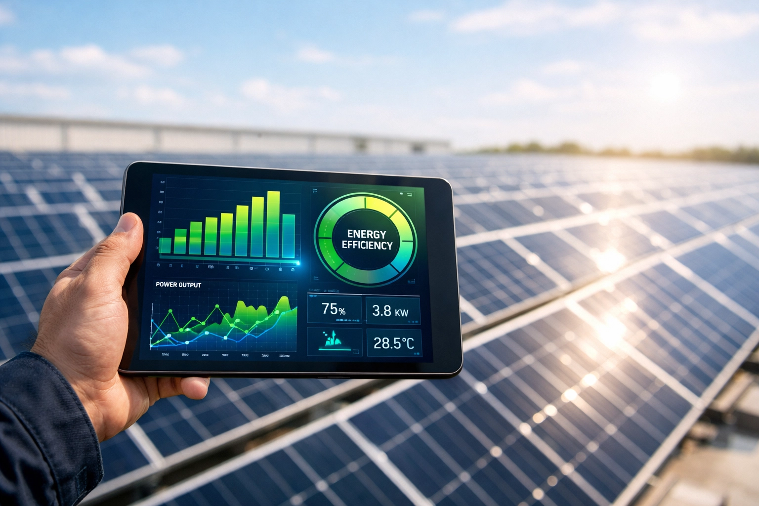 Technician monitoring business solar power performance on a tablet during a commercial solar PV maintenance check.
