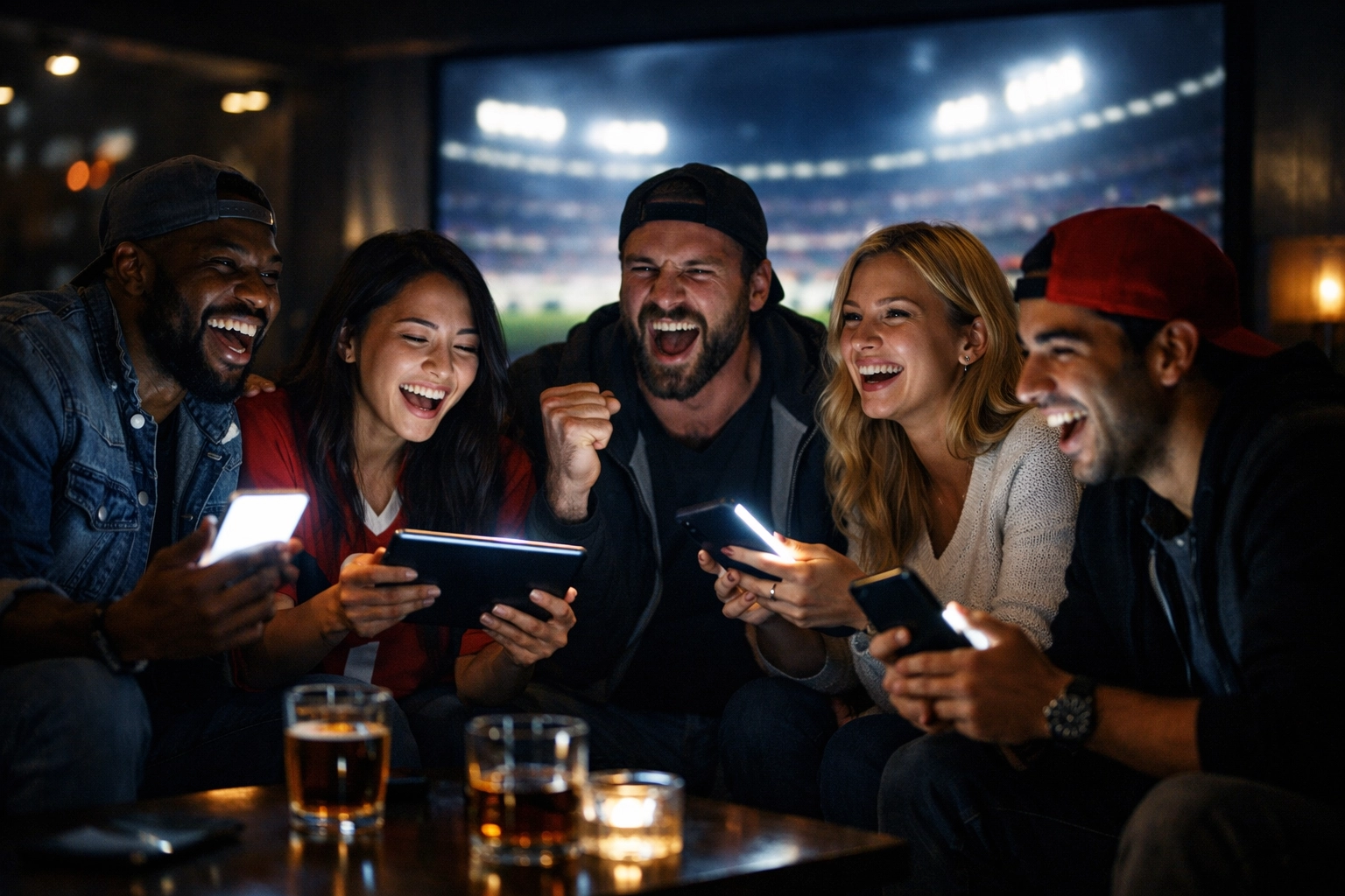 Sports fans using smartphones to engage with second-screen content and NIL athlete marketing during Super Bowl.