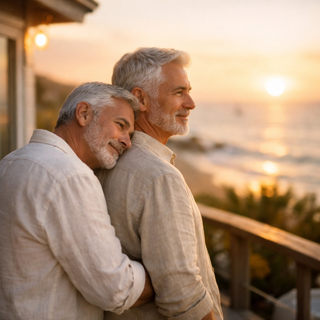 An older gay couple enjoys a luxury retirement at a seaside cottage thanks to successful 401k planning.